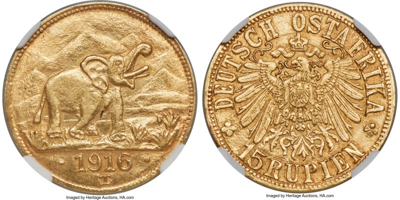 German Colony. Wilhelm II gold 15 Rupien 1916-T MS62 NGC, Tabora mint, KM16.2, J...