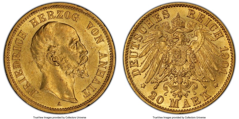 Anhalt-Dessau. Friedrich I gold 20 Mark 1901-A MS61 PCGS, Berlin mint, KM26. Min...