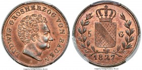 Baden. Ludwig copper Specimen Pattern 5 Gulden 1827 SP66 Red and Brown PCGS, cf. KM190 (in gold), cf. Fr-150 (same). Apparently unlisted, this stunnin...