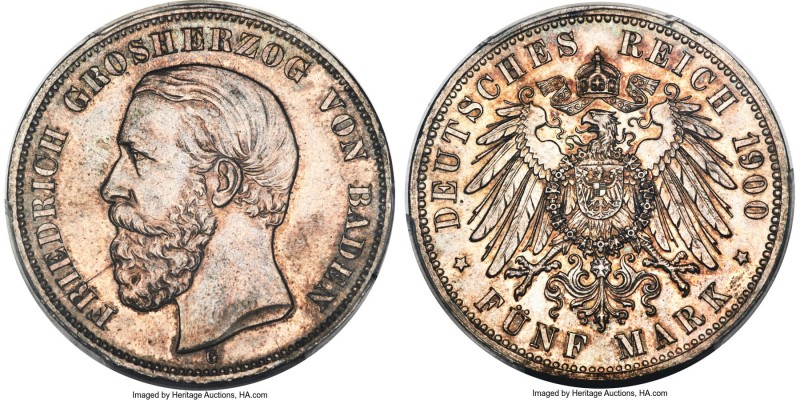 Baden. Friedrich I 5 Mark 1900-G MS63 PCGS, Karlsruhe mint, KM268, J-29. Display...