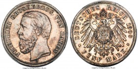Baden. Friedrich I 5 Mark 1900-G MS63 PCGS, Karlsruhe mint, KM268, J-29. Displaying light silver surface tone carrying alluring highlights of gold thr...