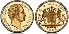 Bavaria. Maximilian II gold Ducat 1852 MS62 Prooflike NGC, KM839, Fr-277. Arms on Reverse type. A fully brilliant example revealing sweeping Prooflike...