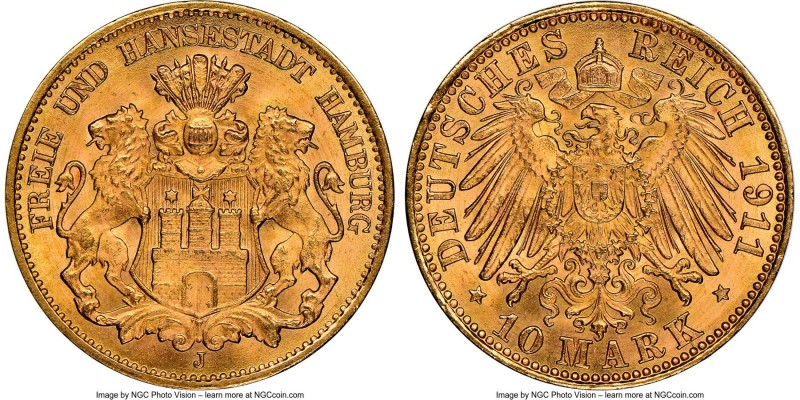 Hamburg. Free City gold 10 Mark 1911-J MS68 NGC, Hamburg mint, KM608. Conditiona...
