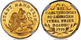 Pfalz. Karl Theodor von Sulzbach gold Ducat 1792 MS65 NGC, KM489, Fr-2042. A singular example of this one-year type fielding cascading golden brillian...