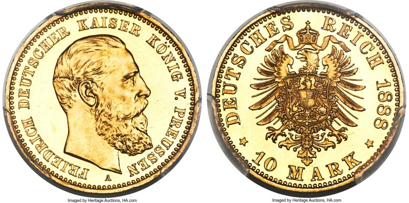 Prussia. Friedrich III gold Proof 10 Mark 1888-A PR66 Cameo PCGS, Berlin mint, K...
