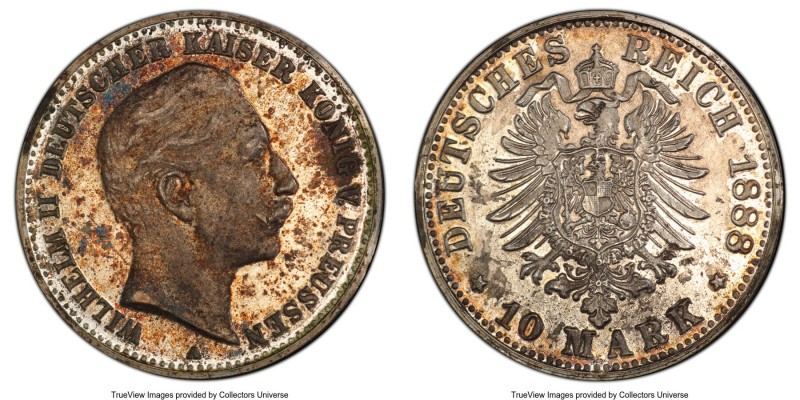 Prussia. Wilhelm II silver Specimen Pattern 10 Mark 1888-A SP62 PCGS, KM-Pn26, S...