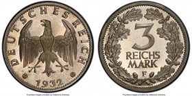 Weimar Republic Proof 3 Mark 1932-F PR66 Deep Cameo PCGS, Stuttgart mint, KM74, J-349. A stunning and superbly exceptional Proof from the later Weimar...