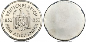Weimar Republic silver Proof Reverse Trial Strike "Johann Goethe" 5 Mark 1932-G PR62 NGC, Karlsruhe mint, cf. KM77 (regular strike). A scarce uniface ...