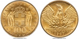 Constantine II gold "1967 Revolution" 100 Drachmai ND (1970) MS67 PCGS, KM95. Mintage: 10,000. Struck to commemorate the revolution of 21 April, 1967....