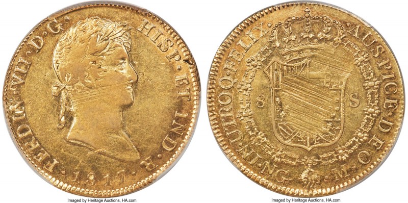 Ferdinand VII gold 8 Escudos 1817 NG-M AU53 PCGS, Nueva Guatemala mint, KM71. A ...