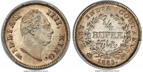 British India. William IV 1/4 Rupee 1835-(b) MS64 PCGS, Bombay mint, KM448.3, S&W-1.72. Satiny and lightly speckled due to a strike with rusted dies, ...