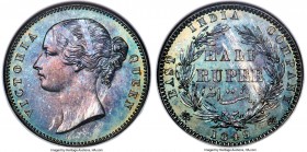 British India. Victoria Proof Restrike 1/2 Rupee 1849 PR65 NGC, KM456.4. An impressively preserved restrike issue that exhibits a colorful patina carr...