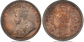 British India. George V Rupee 1911-(c) MS65+ PCGS, Calcutta mint, KM523, S&W-8.11. A one-year type, with teal and russet peripheral and peach-gray cen...