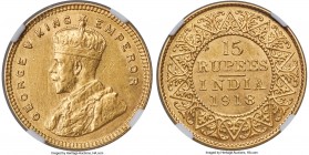British India. George V gold 15 Rupees 1918-(b) AU58 NGC, Bombay mint, KM525, Prid-25. A quality circulated representative, which, though displaying s...