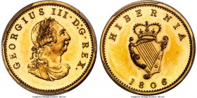 George III gilt Proof Restrike Farthing 1806/5 PR66 PCGS, KM146.1a. A sharp selection preserving its full gilding over well-cared-for surfaces. The so...