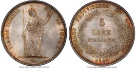 Lombardy-Venetia. Republic 5 Lire 1848-M MS64+ PCGS, Milan mint, KM-C22.1. "Short stems" variety. Highly satiny and visually compelling, the sleek sil...