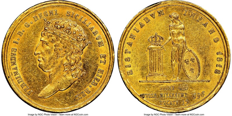 Naples & Sicily. Ferdinand I gold 15 Ducati 1818 UNC Details (Obverse Cleaned) N...
