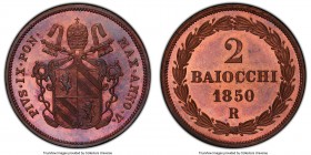 Papal States. Pius IX Proof 2 Baiocchi Anno V (1850)-R PR66 Red and Brown PCGS, Rome mint, KM1344. A visually singular gem Proof striking, overflowing...