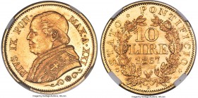 Papal States. Pius IX gold 10 Lire Anno XXI (1867)-R MS63 NGC, Rome mint, KM1381.2. Displaying flashy, near-Prooflike luster, with an attractive layer...