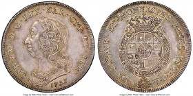 Sardinia. Carlo Emanuele III Scudo 1755 AU55 NGC, Turin mint, KM48, Dav-1494. The inaugural year of this short-lived series, offered herein with gunme...