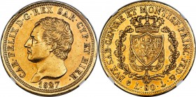 Sardinia. Carlo Felice gold 80 Lire 1827 (Anchor)-P AU58 NGC, Genoa mint, KM123.2, Fr-1133. Displaying a few minor edge dings but quite attractive and...