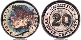 British Colony. Victoria Specimen 20 Cents 1877-H SP68 NGC, Heaton mint, KM11.1. A sparkly little gem with intense lilac and teal color over both side...