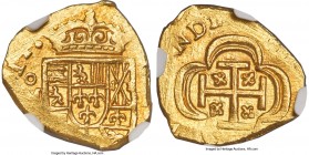 Philip V gold Cob Escudo 1714 Mo-J MS64 NGC, Mexico City mint, KM51.2, Fr-7c. 3.38gm. Beaming with radiant luster, the struck portions of the design a...