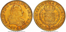 Philip V gold 8 Escudos 1744 Mo-MF AU58 NGC, Mexico City mint, KM148, Fr-8, Onza-441. A gratifying representative exhibiting a near-mint preservation ...