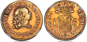 Ferdinand VI gold Escudo 1748 Mo-MF AU53 NGC, Mexico City mint, KM115.1, Cal-213. Very scarce in this grade, the offering preserving well-outlined det...