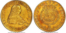 Ferdinand VI gold 8 Escudos 1750 Mo-MF AU Details (Reverse Scratched, bent) NGC, Mexico City mint, KM150. Mottled patches and a lighter overall dustin...