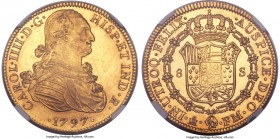 Charles IV gold 8 Escudos 1797 Mo-FM MS61 NGC, Mexico City mint, KM159, Onza-1028. A rather well-struck coin with highly lustrous surfaces and moderat...