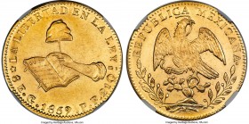 Republic gold 8 Escudos 1859/8 Go-PF MS62 NGC, Guanajuato mint, KM383.7. Exceptionally lustrous and fully struck, with the edges remaining crisp and f...