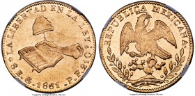 Republic gold 8 Escudos 1861/0 Go-PF MS61 NGC, Guanajuato mint, KM383.7, Fr-72. Immensely flashy and mildly reflective surfaces reveal a clear Mint St...