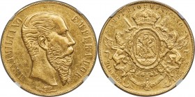 Maximilian gold 20 Pesos 1866-Mo AU58 NGC, Mexico City mint, KM389. Produced in a total mintage of only 8,274. Highly lustrous considering any degree ...