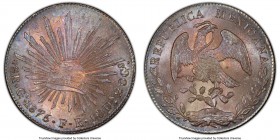 Republic 8 Reales 1875 Go-FR MS65 PCGS, Guanajuato mint, KM377.8, DP-Go55. Bestowed with a sublime lilac and blue iridescence over surfaces revealing ...
