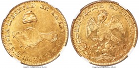 Republic gold 8 Escudos 1867 Mo-CH MS63 NGC, Mexico City mint, KM383.9, Fr-64. Expressing slight weakness in central part of strike, though otherwise ...