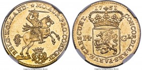 Holland. Provincial gold 14 Gulden (Gold Rider) 1751 MS61 NGC, Amsterdam mint, KM97, Fr-253. Flashy and bold, with bright mint radiance expressed over...