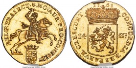 Utrecht. Provincial gold 14 Gulden (Gold Rider) 1761 MS61 NGC, KM104, Fr-288. Exceedingly well-struck, a bright sheen of flashy mint brilliance indica...