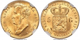 Willem I gold 5 Gulden 1827-B MS65+ NGC, Brussels mint, KM60. Scarce in this gem state, with rolling satiny luster and a quality strike over beaming s...