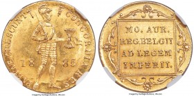 Willem III gold Ducat 1885-B MS64+ NGC, Utrecht mint, KM83.1, Fr-344, Schulman-570. Broadaxe privy. Extremely rare and elusive, as are all issues of t...