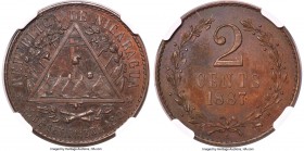 Republic copper Proof Pattern 2 Centavos 1887-E PR65 Brown NGC, KM-Pn3. An expertly produced gem of this copper pattern issue, displaying endlessly sh...