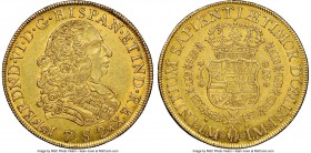 Ferdinand VI gold 8 Escudos 1752 LM-J AU58 NGC, Lima mint, KM50, Onza-578. A type which shines forth with mint brilliance, likely only being kept shy ...