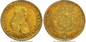 Ferdinand VI gold 8 Escudos 1755 LM-JM UNC Details (Cleaned) NGC, Lima mint, KM59.1, Onza-582. Just the second year that this bust type was employed, ...