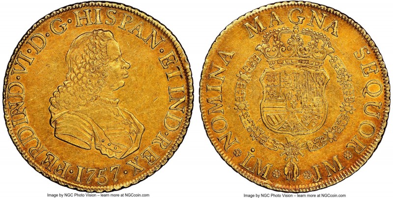 Ferdinand VI gold 8 Escudos 1757 LM-JM AU58 NGC, Lima mint, KM59.2, Onza-585. A ...