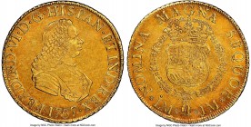 Ferdinand VI gold 8 Escudos 1757 LM-JM AU58 NGC, Lima mint, KM59.2, Onza-585. A coin which very nearly achieves Mint State status by virtue of its lig...