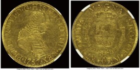 Ferdinand VI gold 8 Escudos 1757 LM-JM AU55 NGC, Lima mint, KM59.2, Onza-586 (Rare). Variety with point above the assayer's initials. A piece which ap...