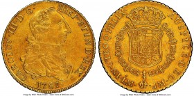 Charles III gold 8 Escudos 1767 LM-JM AU Details (Reverse Graffiti) NGC, Lima mint, KM70, Onza-681. A soundly struck representative of this classic "R...