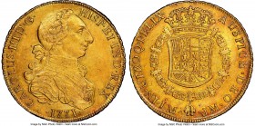 Charles III gold 8 Escudos 1771 LM-JM AU53 NGC, Lima mint, KM73, Onza-689. A charmingly presented 'rat-nose' 8 Escudos, featuring an almost matte-like...