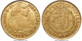 Charles III gold 8 Escudos 1787 LM-MI AU55 NGC, Lima mint, KM82.1a. A moderately circulated example displaying traces of underlying mint luster. 

H...