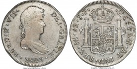 Ferdinand VII "Royalist" 8 Reales 1823 LM-JP AU50 NGC, Lima mint, KM117.3, FC-85b, Grunthal/Sellscopp-287d. Overstruck on an 1823 Peruvian "Libre" 8 R...